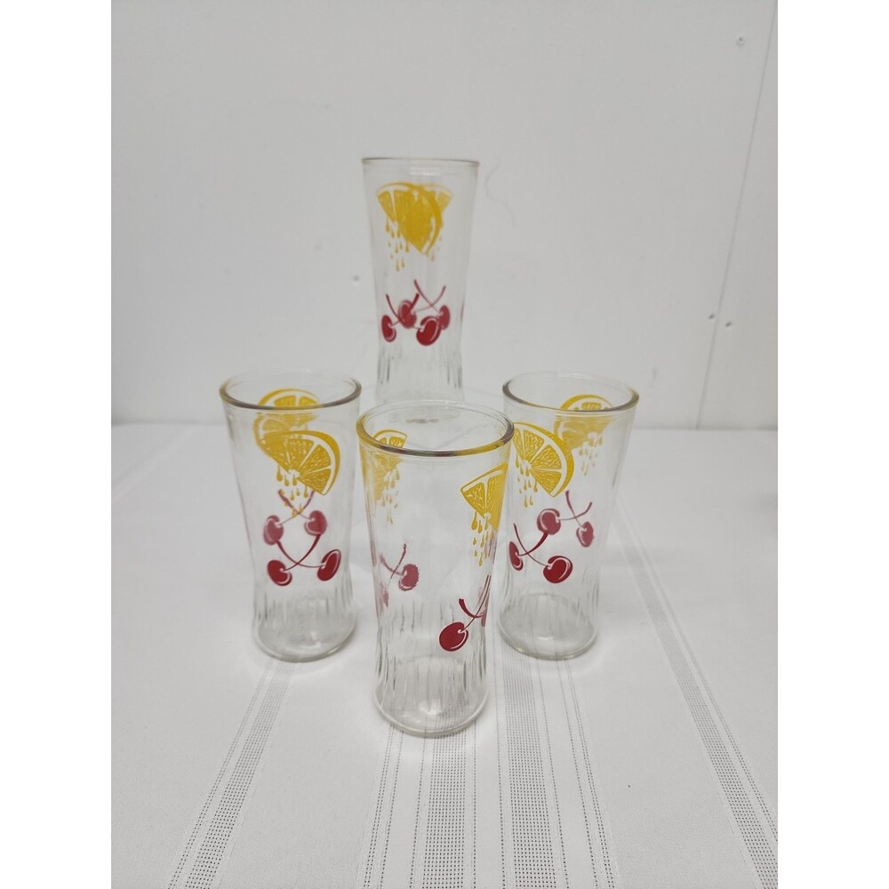 Vintage 1960s Anchor Hocking Dripping Lemon And Cherry Iced Tea Glasses Set Of 4